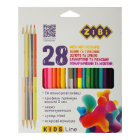 Олівці кольорові, 28 кольорів (12 стандарт, 4 двостор.), тригранний, KIDS Line, TM ZiBi