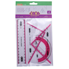 Комплект: Лінійка 15см, 2 косинця, транспортир, з рожевою смужкою, TM ZiBi