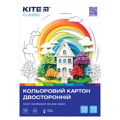 Картон кольоровий, А4, 10арк, 10кольорів, двосторонній, Classic, TM Kite