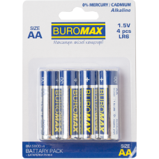 Елемент живлення батарейка, AA, LR06, 1.5V, 4шт/уп, Alkaline, TM Buromax