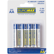 Елемент живлення батарейка, AA, LR06, 1.5V, 4шт/уп, Alkaline, TM Buromax